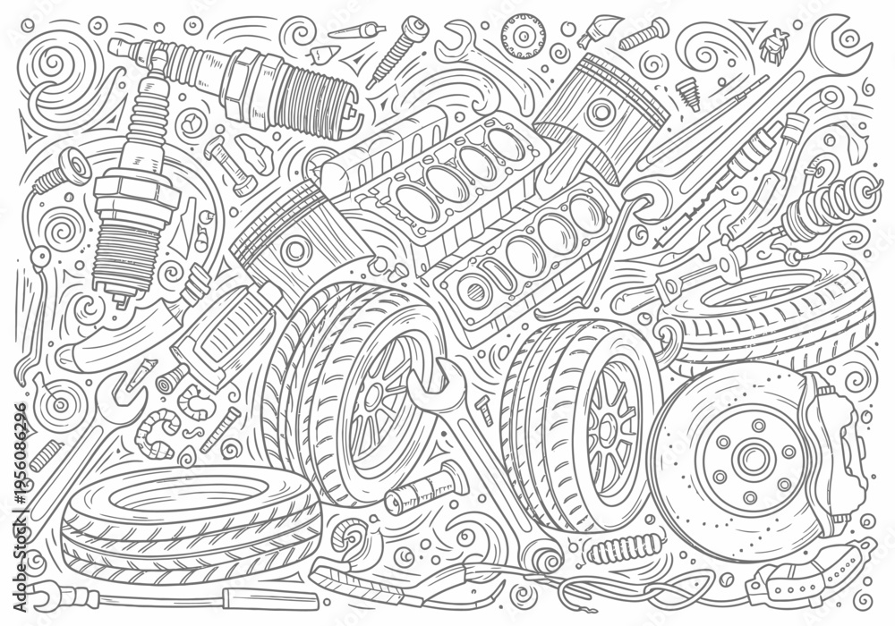 Obraz premium Detailed line art drawing of disassembled engine parts tires and tools for automotive repair