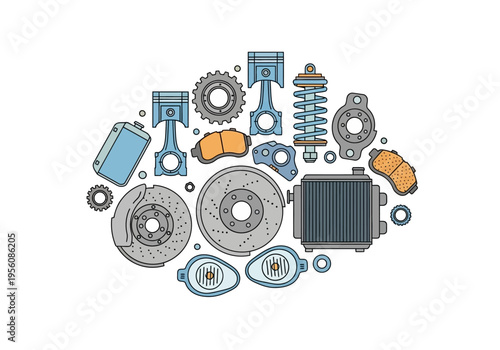 Assortment of illustrated automotive spare parts arranged in a circular cluster