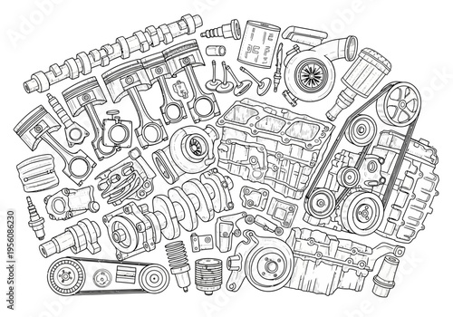 Black and white line drawing of various internal combustion engine components