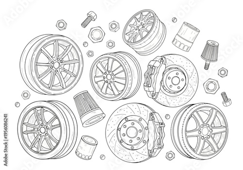 Black and white sketch of various car wheel and brake components