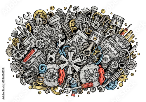 Cartoon illustration of assorted engine and auto repair parts piled together