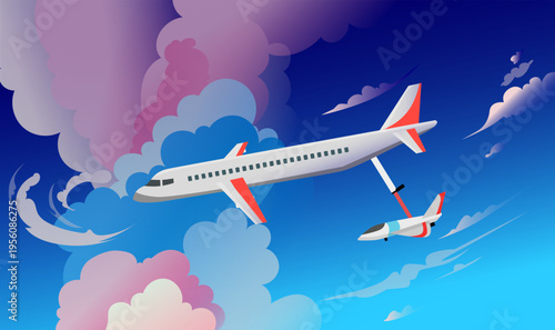 Commercial airplane in flight releasing a smaller aircraft, aviation concept vector illustration showing air launch system, aerospace technology