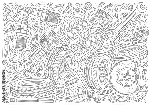 Detailed line art drawing of disassembled engine parts tires and tools for automotive repair