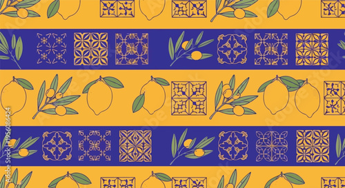 Sicilian-style seamless pattern featuring lemons, olives, and intricate Mediterranean tile motifs in a classic yellow and blue palette. Ideal for kitchen textiles and summer branding.