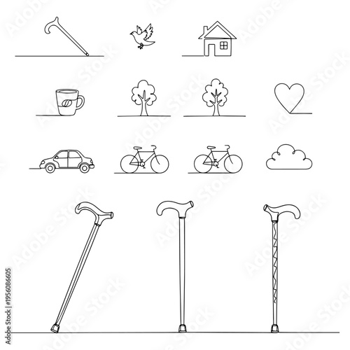 Walking sticks and wooden canes silhouettes for elderly assistance and medical aid icons