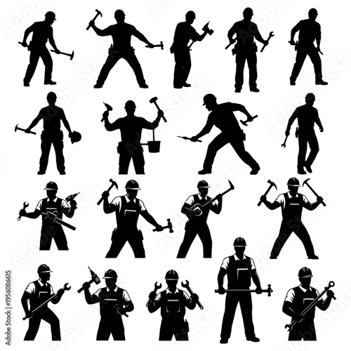 Construction workers and building makers silhouettes collection of labourers working on site