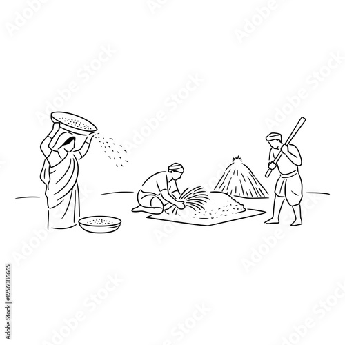 Minimal Line Art of Rural Harvesting Scene