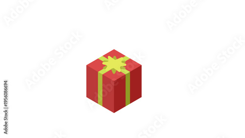 Isometric illustration: Gift box with a red box and a yellow ribbon, decorated with flower-shaped ornaments