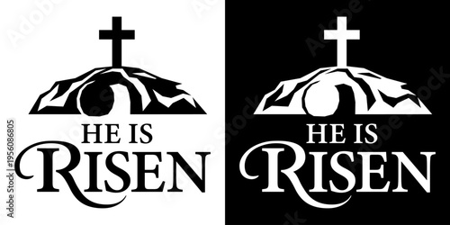 He Is Risen typography with empty tomb and cross in simple black and white, Easter Resurrection Christian symbol.
