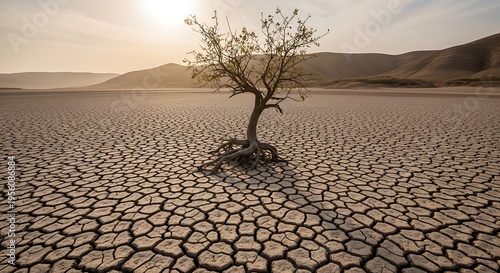 Wallpaper Mural Lonely tree on cracked dry earth desert landscape with mountains Torontodigital.ca