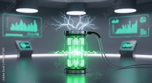 Wallpaper Mural Electricity powers futuristic green circuit box with glowing screens Torontodigital.ca