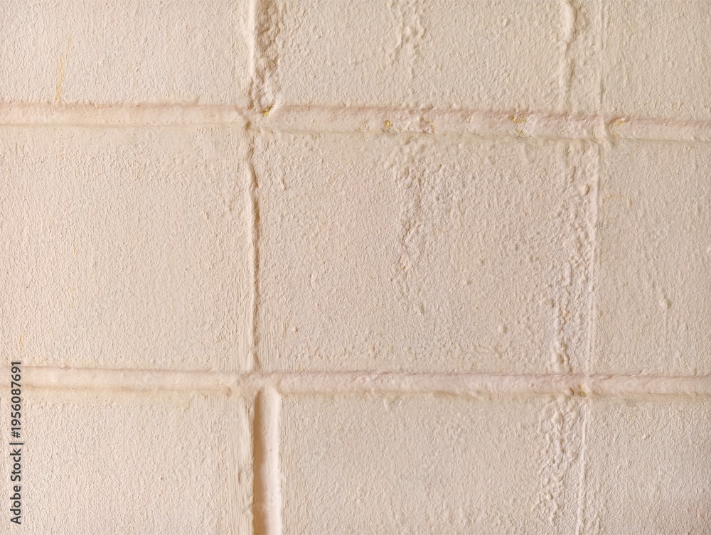 Fototapeta premium Textured painted concrete block wall with visible mortar joints and slight surface imperfections under soft lighting.