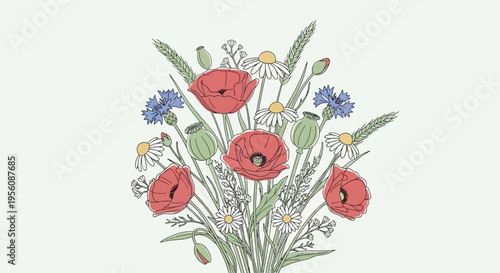 Colorful bouquet of wildflowers and poppies.