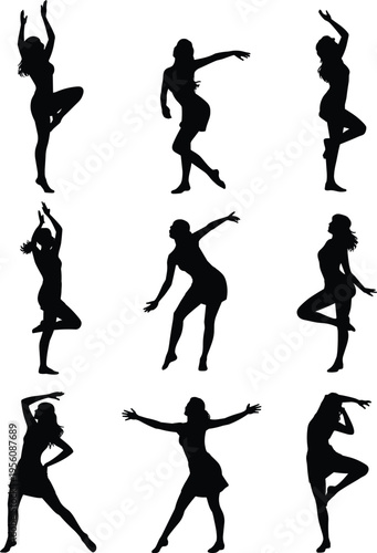 Dancing women silhouettes set illustration, female dance poses collection, elegant motion figures, black and white vector design