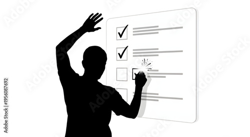 Silhouette Decision: An individual meticulously checks a digital checklist, the silhouette underscores the importance of precision in task completion. 