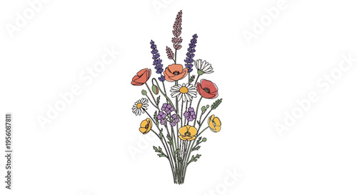 Colorful bouquet of wildflowers in vase.