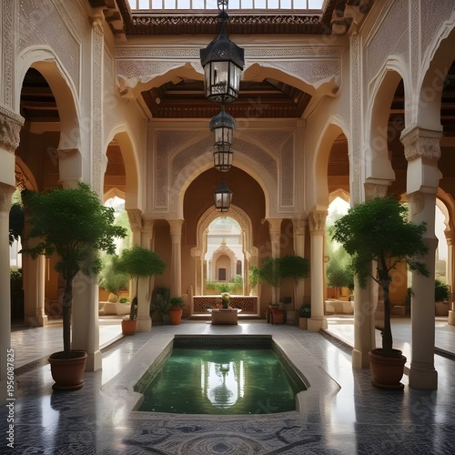 Traditional Moroccan Riad Interior with Ornate Archways and Serene Courtyard Pool