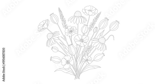 Bouquet of flowers in line art.