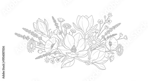 Detailed Floral Line Drawing Illustration.