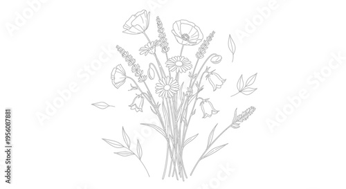 Bouquet of flowers with leaves stems.