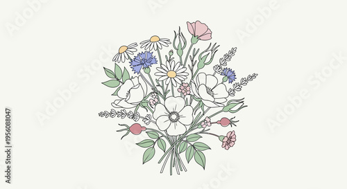 Colorful bouquet of wildflowers and leaves.