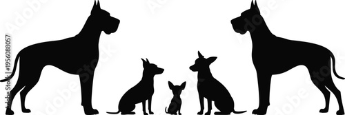Dog silhouettes collection with different breeds sizes sitting and standing pet animals domestic canine group, vector illustration