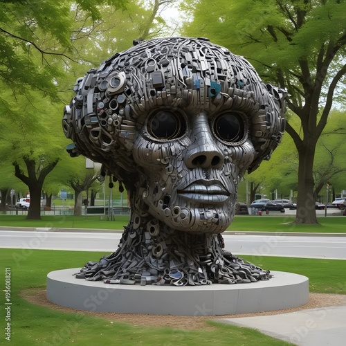 Large Metal Sculpture of a Human Head Made from Recycled Industrial Parts Outdoors