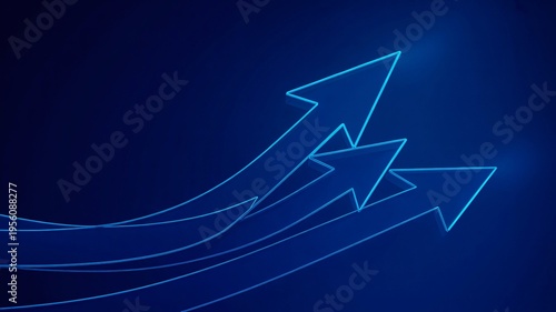 Vibrant neon arrows depicting a strong upward trend, symbolizing continuous progress, strategic business growth, and future success through digital innovation