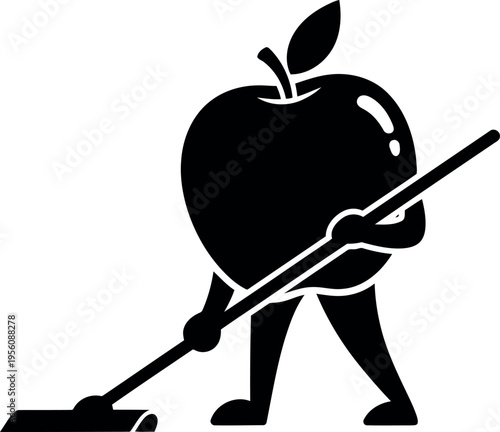 Apple Character Sweeping Floor Icon – Healthy Lifestyle and Cleanliness Concept Vector Illustration