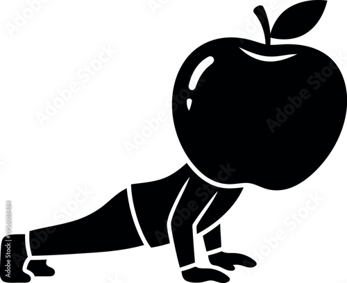Healthy lifestyle concept illustration with apple head character doing push-ups in black silhouette vector