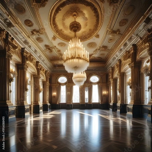 Opulent Ballroom Interior with Crystal Chandelier and Ornate Gold Decorations