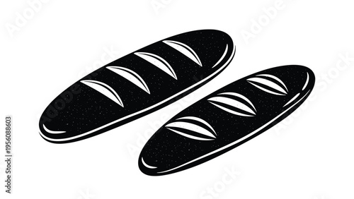 Simple black silhouette illustration of two long french baguette loaves of bread against a white background for bakery and food themed projects.