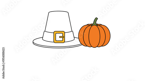 Simple illustration of a traditional white pilgrim hat with a gold buckle next to a round orange pumpkin for Thanksgiving holiday decorations.