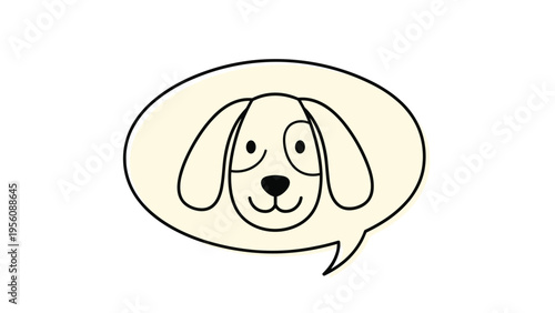 Cute puppy dog head with a spot over one eye is enclosed within a cream colored oval speech bubble on a white background for pets.