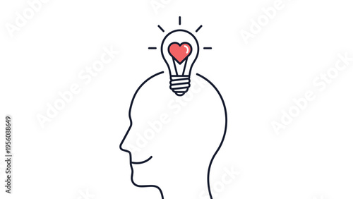 Profile silhouette of a person with a glowing lightbulb containing a heart on their head represents creative ideas and passion.