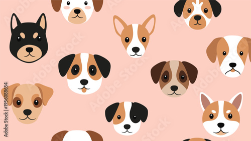 Playful pattern featuring various breeds of cute dog faces with different colors and markings on a soft pink background for pet lovers.