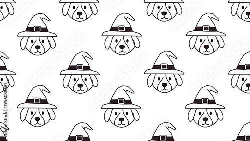 Seamless pattern features cute dog heads wearing black witch hats on a white background creating a playful Halloween theme for pets.