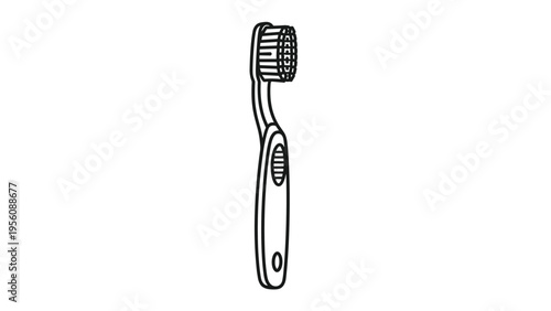 Black and white line drawing of a modern plastic toothbrush with a textured handle is presented vertically against a white background.