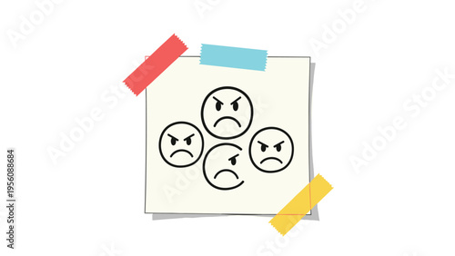 Square sticky note pinned to a wall features four small angry face drawings with frustrated expressions in black and white silhouette.