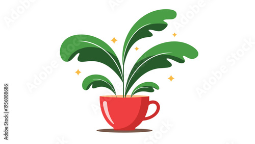 Large green leafy plant grows out of a small red coffee cup with gold sparkles around it on a white background for growth concepts.