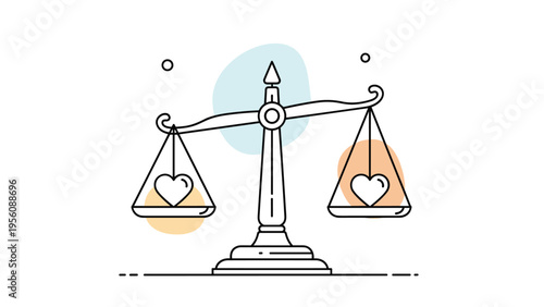 Delicate line drawing of a balance scale with two identical hearts on each side represents equal love, partnership, and fairness.
