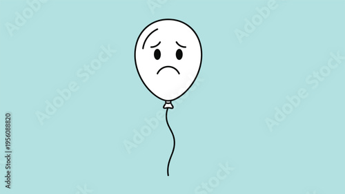 Single white balloon with a sad face drawing on a light blue background representing disappointment or loneliness.