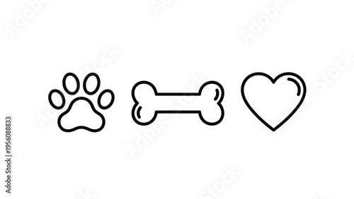 Simple line art icons of a paw print, a bone, and a heart representing pet love and care on a white background.
