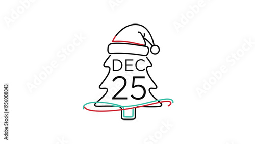 Festive christmas tree shape featuring dec 25 text and a santa claus hat on top for holiday date announcement.