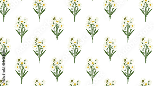 Floral pattern with bouquets of white daisies and green leaves on a white background for a fresh and natural look.