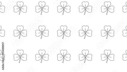 Simple pattern of three leaf clovers in a dashed line art style on a plain white background for luck and nature themes.