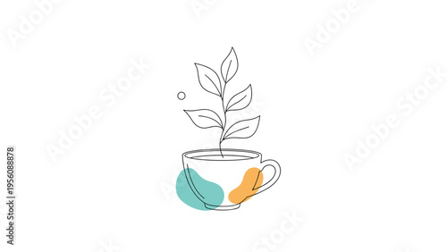 Creative illustration of a tea cup with a plant growing out of it and colorful teal and orange abstract shapes.