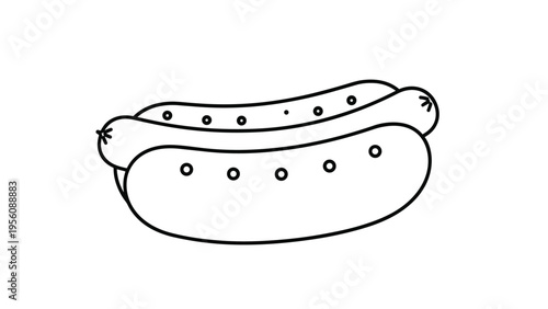 Simple line art drawing of a hot dog in a bun representing fast food and street food snacks on white background.