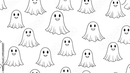 Fun pattern of cute smiling white ghosts for halloween holiday decorations and spooky children themes.