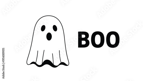 Simple black and white drawing of a cute little ghost next to the word boo in bold capital letters for halloween.